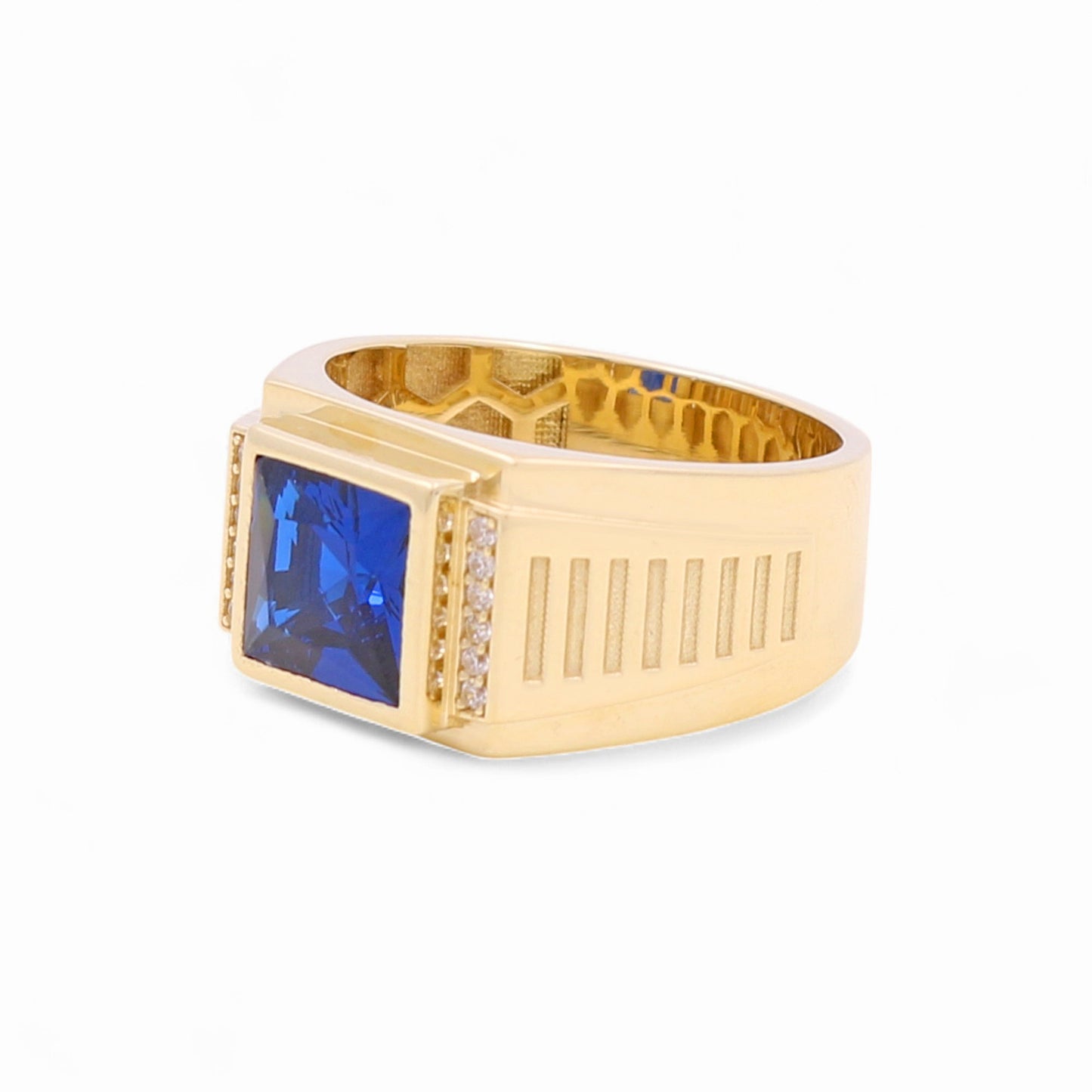 14K Yellow Gold Fashion Square Men's Ring with Blue and White Cz / Size 10 / Weight: 7.8 GR / BOMR4FS-42