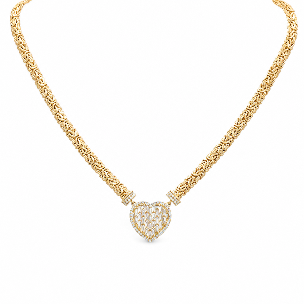 10K Yellow Gold Women's Heart Necklace With Byzantine Link and Baguette Stones / Size: 17.5" / Weight: 14.7 GR / DQNK0HR-1