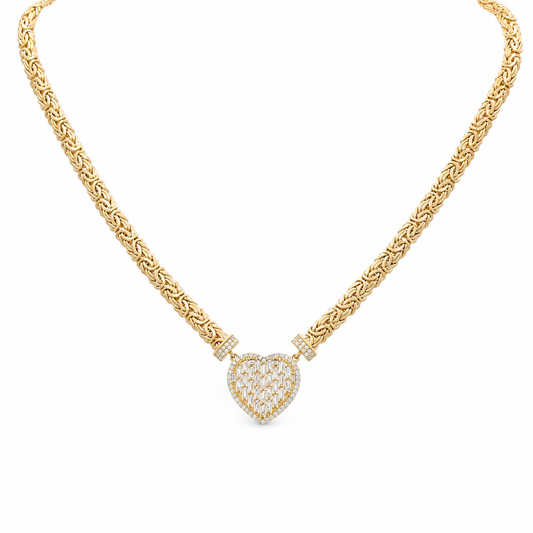 10K Yellow Gold Women's Heart Necklace With Byzantine Link and Baguette Stones / Size: 17.5" / Weight: 14.7 GR / DQNK0HR-1