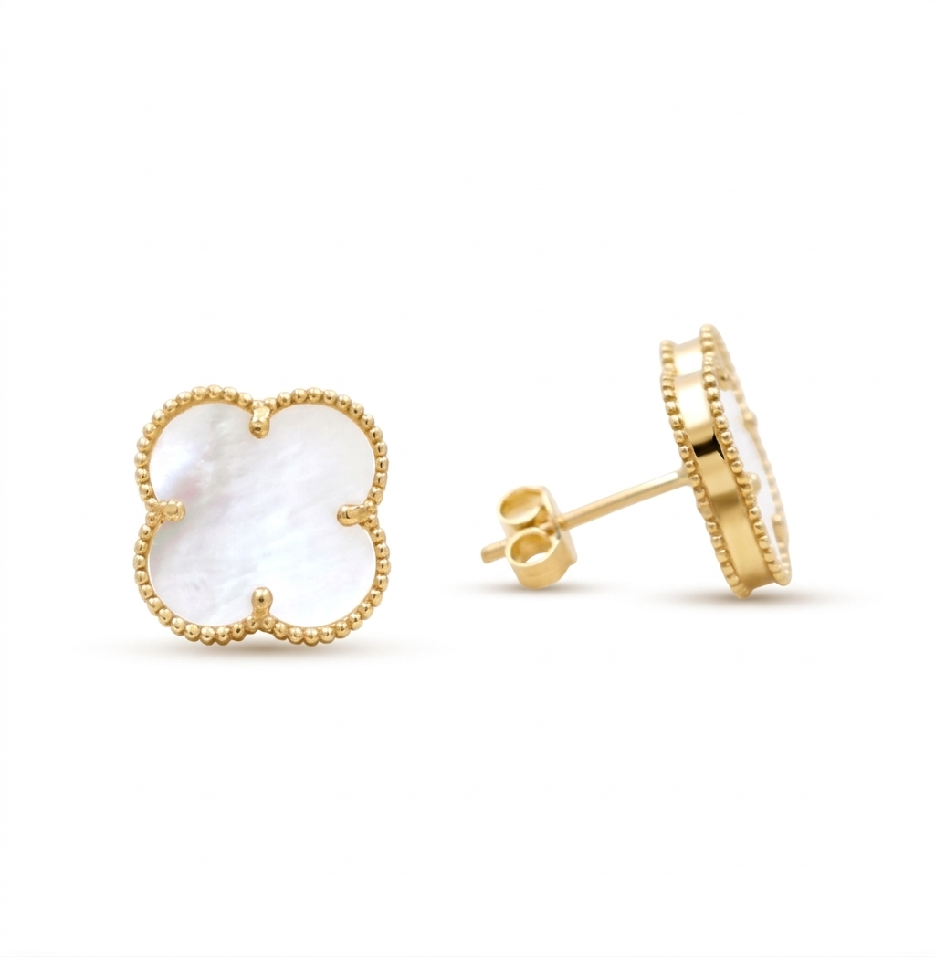 10K Yellow Gold Mother of Pearl Clover Stud Earrings / Size: 10MM / Weight: 1.8 GR / DQES0CLV