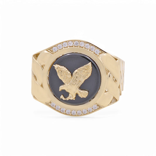 10K Yellow Gold Eagle RD Men’s Ring with Onyx Stone / CZ / Size 10 / Weight: 8.9 GR / BPMR0EG