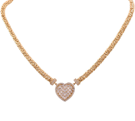 14K Yellow Gold Byzantine Women's Necklace with Heart and Cz / Size: 18" / Weight: 16.5 GR / DQNK4HR