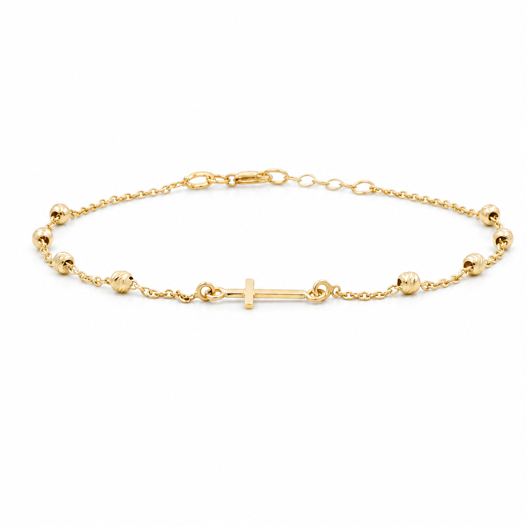14K Yellow Gold Women's Cross Bracelet With Balls / Size: 7.5" / Weight: 2.1 GR / 031-07111