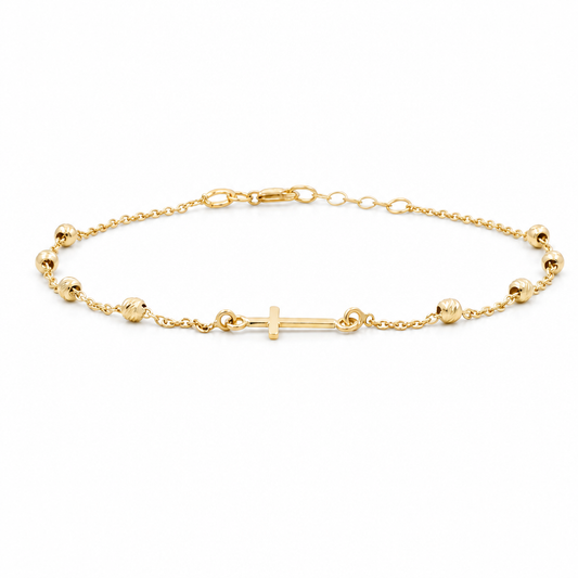 14K Yellow Gold Women's Cross Bracelet With Balls / Size: 7.5" / Weight: 2.1 GR / 031-07111
