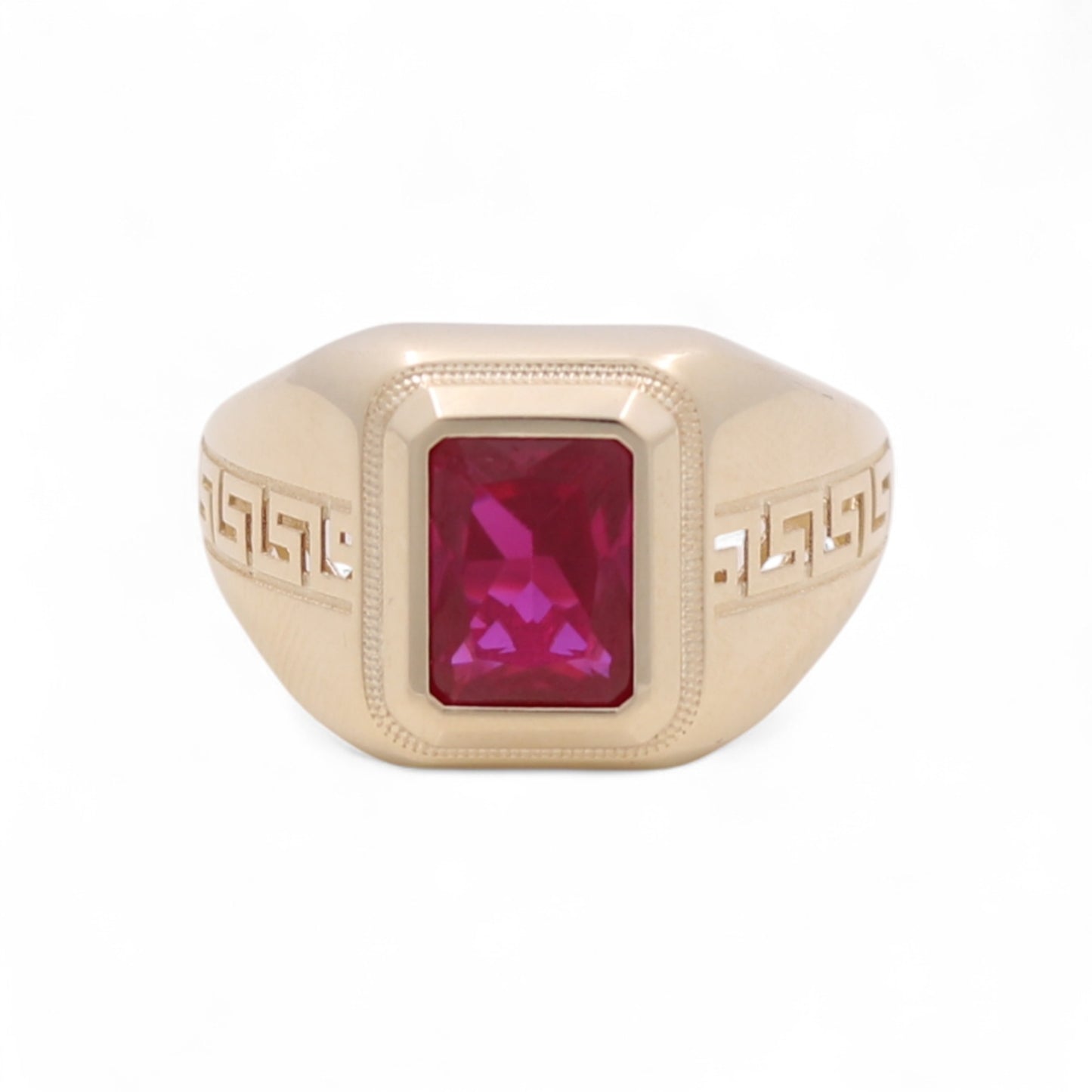 10K Yellow Gold SQ Men's Ring With Red Cz and Greek / Size: 11 / Weight: 4.1 GR / BQMR0GR-1