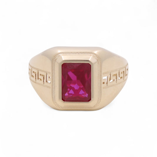 10K Yellow Gold SQ Men's Ring With Red Cz and Greek / Size: 11 / Weight: 4.1 GR / BQMR0GR-1