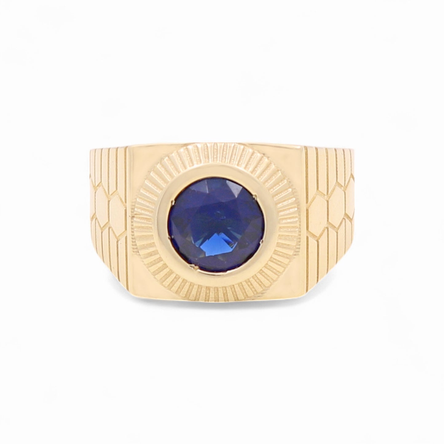 14K Yellow Gold Fashion Round Men's Ring with Blue Cz / Size 11 / Weight: 6.4 GR / BOMR4FS-39