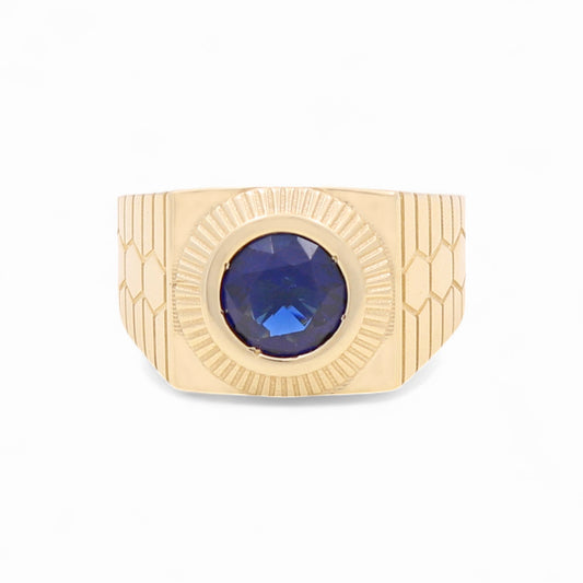 14K Yellow Gold Fashion Round Men's Ring with Blue Cz / Size 11 / Weight: 6.4 GR / BOMR4FS-39