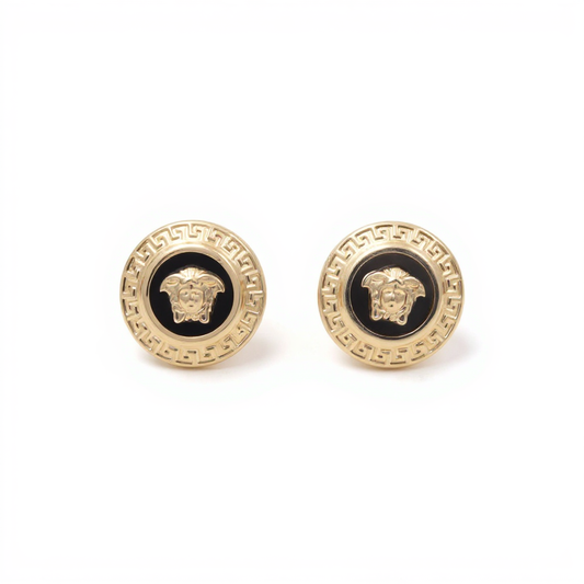10K Yellow Gold Round Medusa's Stud Earrings with Greek and Onyx / Weight: 2 GR / CQES0VS