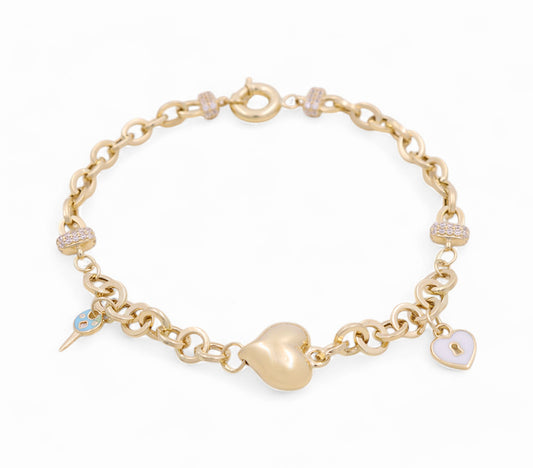 14K Yellow Gold Women's Fashion Heart with Lock Bracelet / CZ / Size: 7.5" / Weight: 6.2 GR / P78B-29