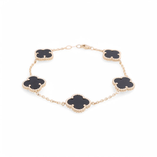 14K Yellow Gold Women's Bracelet with 5 Black Clover / Size 7" / Weight 7.1GR / BOWB4CLV-6