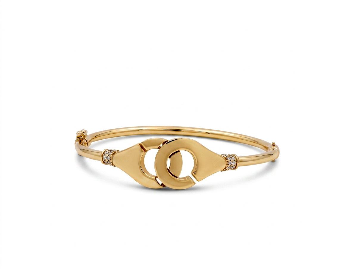 14K Yellow Gold SemiSolid Fashion Bangle Bracelet with Cz / Weight: 7.8 GR / COBB4FS-18