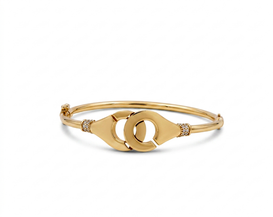 14K Yellow Gold SemiSolid Fashion Bangle Bracelet with Cz / Weight: 7.8 GR / COBB4FS-18
