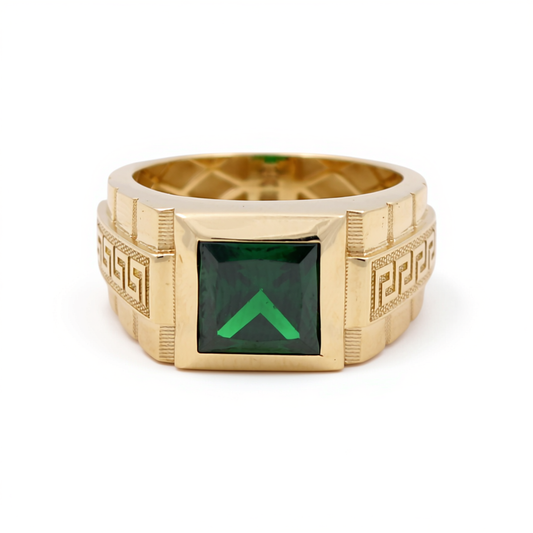 14K Yellow Gold SQ Men's Ring with Greek Design and Green Cz / Size: 10 / Weight: 4.8 GR / BOMR4FS-50