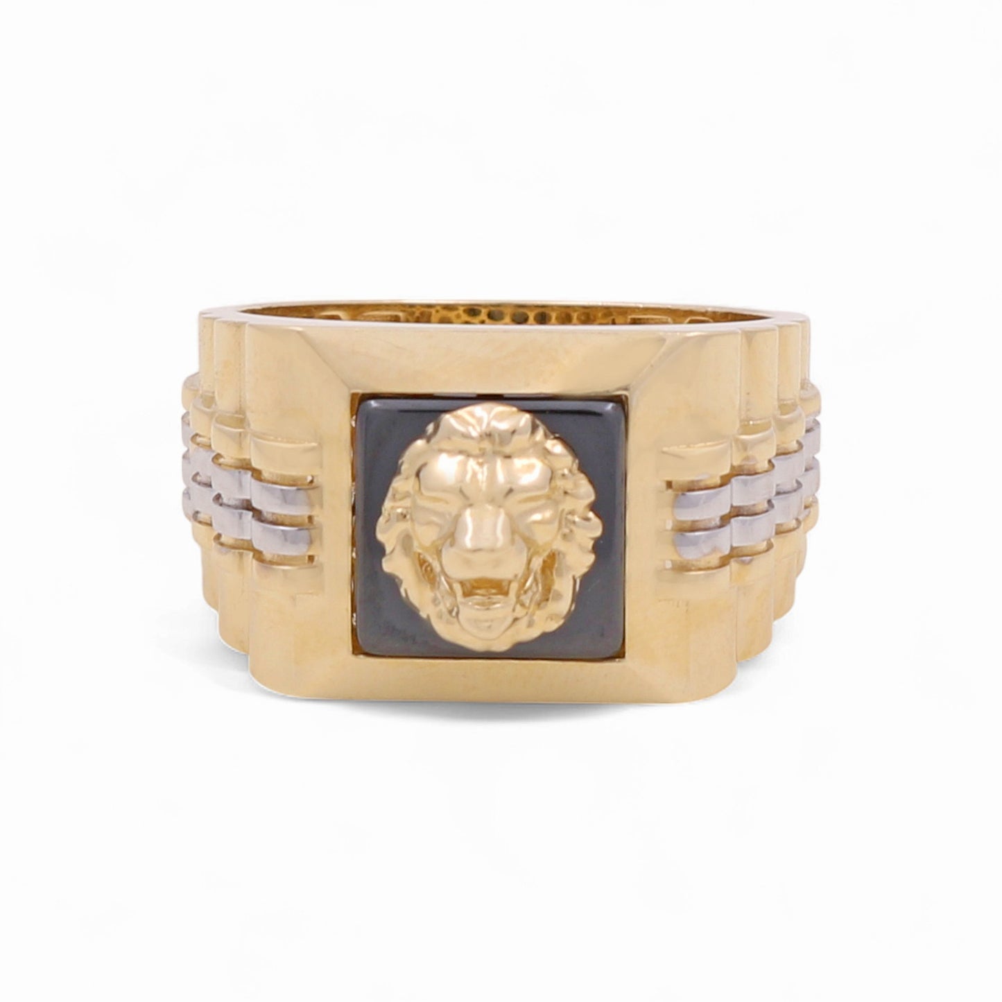 14K Yellow and White Gold Lion SQ Men's Ring with Onyx / Size: 9.5 / Weight: 7.3 GR / CPMRTT4LN