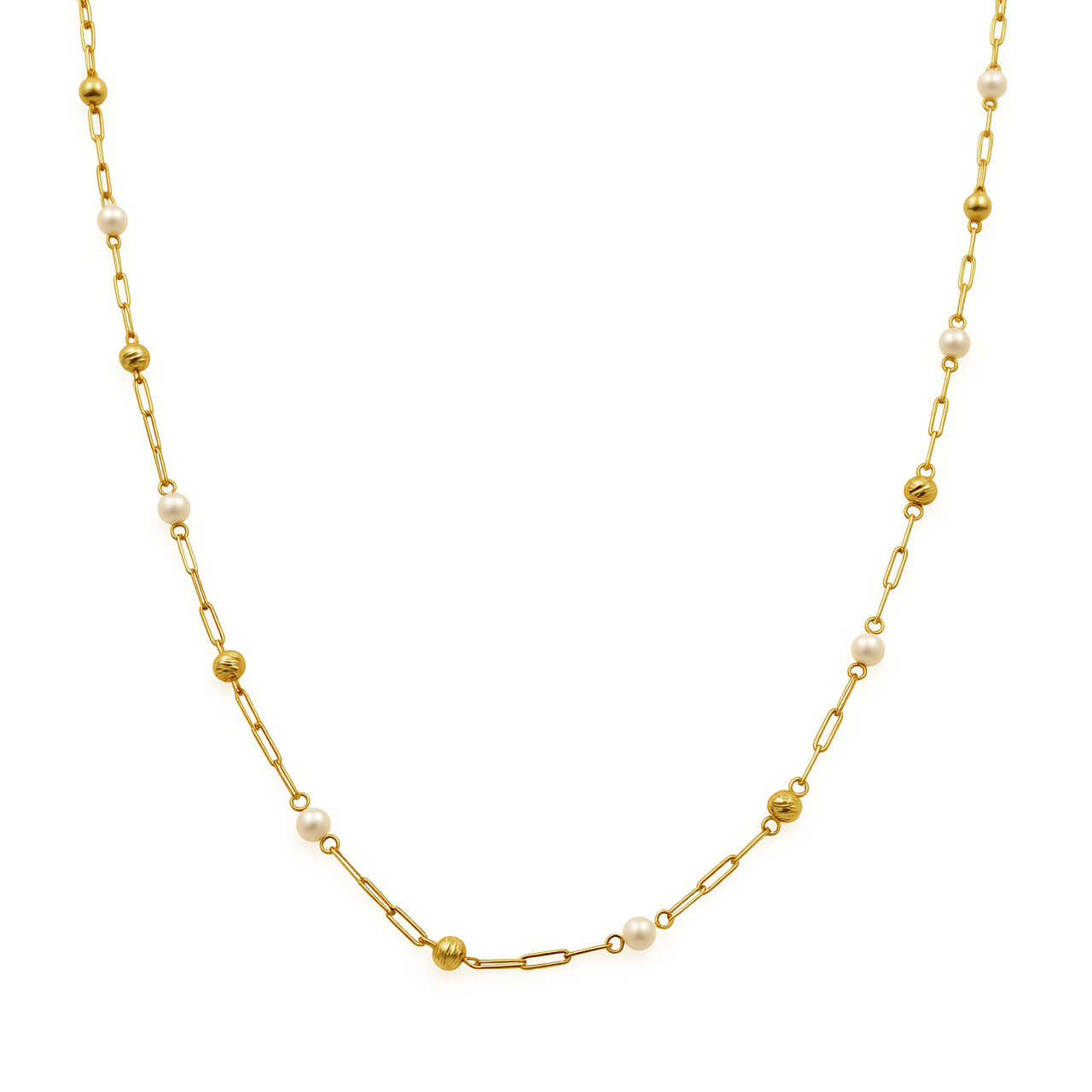 14k Yellow Gold Fashion Paper Clip Women's Necklace with Balls and Pearl / Size: 17.5" / Weight: 4.3 GR / CCFNK4PC-1