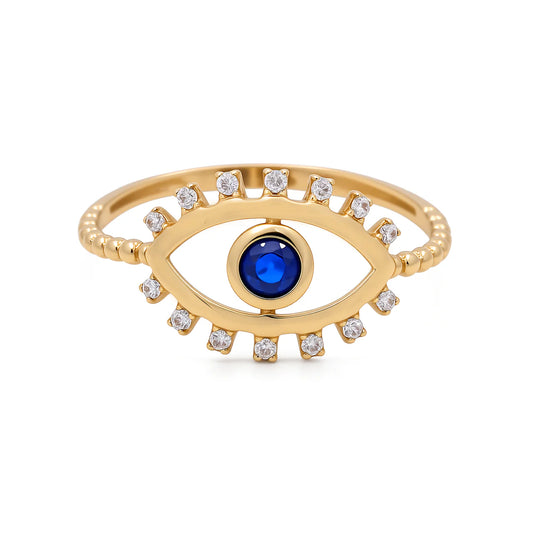 14K Yellow Gold Eye Women's Ring with Blue Cz / Size: 7.5 / Weight: 1.2 GR / COWR4EY-2