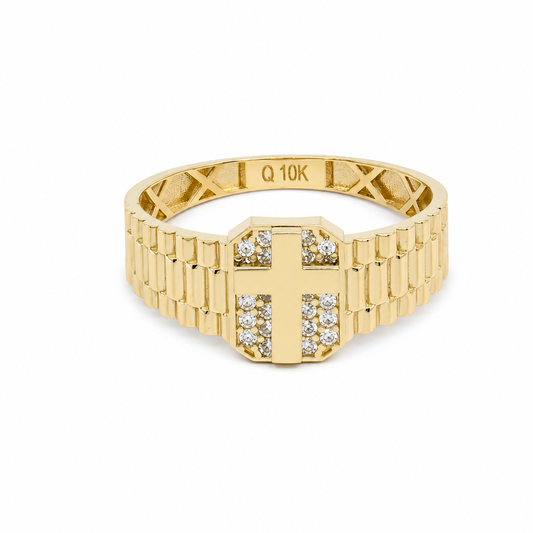 10K Yellow Gold Cross Men’s Ring with Cz / Size 10 / Weight: 2.2 GR / DQMR0CS-1