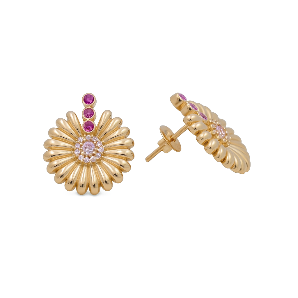 10K Yellow Gold Flower Women's Stud Earrings with Pink Cz / Weight: 3.6 GR / DQES0FL