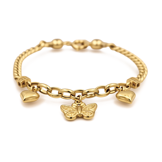 14K Yellow Gold Fashion Women's Bracelet with Hanging Butterfly and Hearts / Size: 7.5" / Weight: 7.6 GR / COWB4BFHR