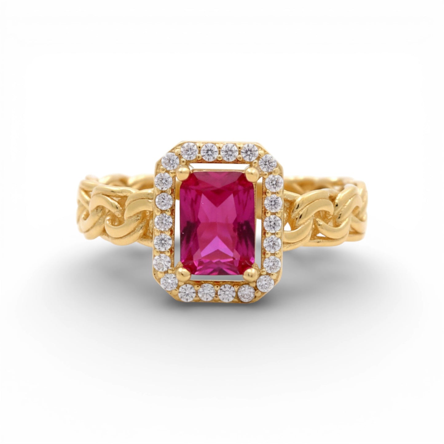 14K Yellow Gold Women's Ring with Chinese Link and Red Cz / Size: 7 / Weight: 3.2 GR / Y24-1166