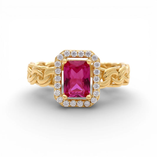 14K Yellow Gold Women's Ring with Chinese Link and Red Cz / Size: 7 / Weight: 3.2 GR / Y24-1166