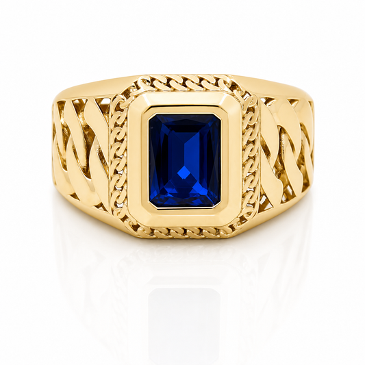 10K Yellow Gold Fashion Men's Ring with Royal Blue Cz Stone/ Size: sz:12 / Weight: 5.7 GR / DQMR0FS-11