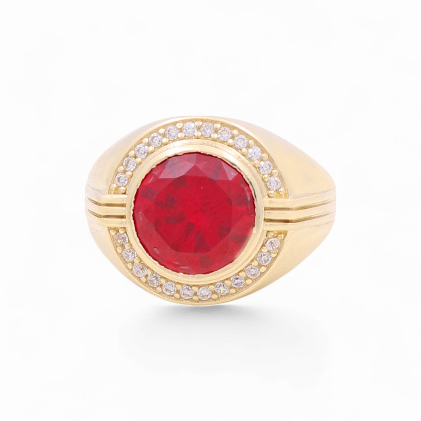 14K Yellow Gold Fashion Round Men's Ring with Red and White Cz / Size 10 / Weight: 8.1 GR / BOMR4FS-40