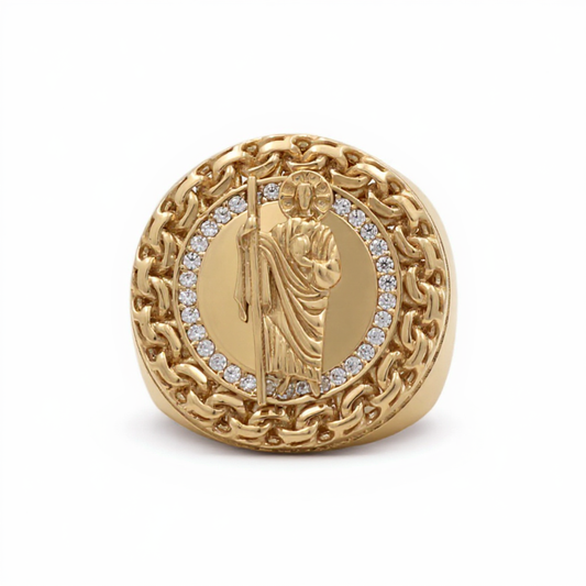 14K Yellow Gold San Judas Men's Ring with Greek and Cz / Size: 11 / Weight: 12.9 GR / DOMR4SJ