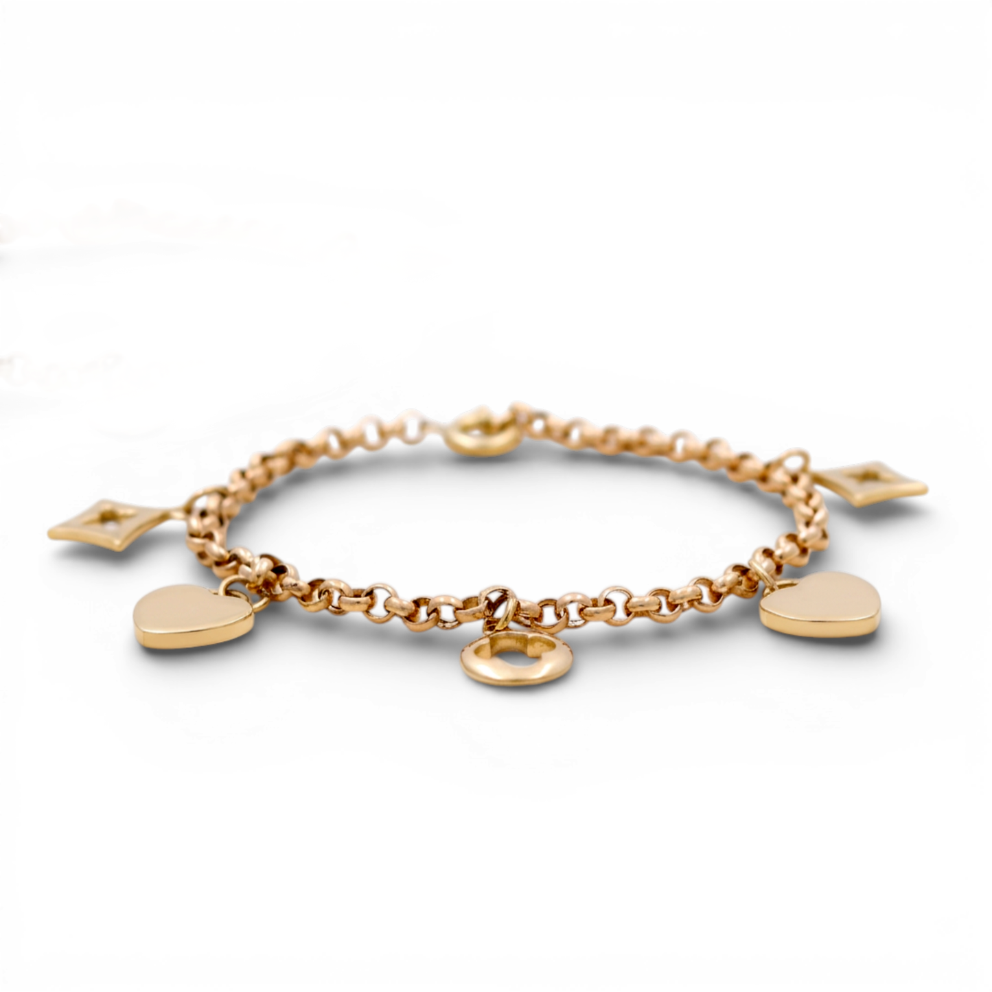 10k Yellow Gold Fashion Rolo Women's Bracelet with Hanging Charms / Size: 7.5" / Weight: 4.7 GR / DQWB0FS-5