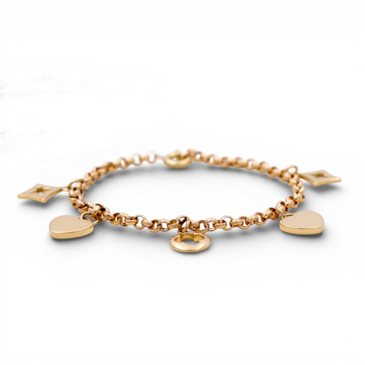 10k Yellow Gold Fashion Rolo Women's Bracelet with Hanging Charms / Size: 7.5" / Weight: 4.7 GR / DQWB0FS-5
