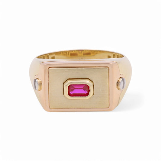 14K Yellow, White and Rose Gold Fashion Men's Ring with Red Cz / Size: 11 / Weight: 5.1 GR / DPMR3T4FS-1