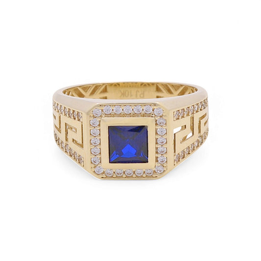 10K Yellow Gold Greek Men's Ring with Blue Cz / Size: 11 / Weight: 5.4 GR / DPMR0GR-1