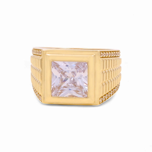 14K Yellow Gold Fashion Square Men's Ring with White Cz / Size 11 / Weight: 9.4 GR / COMR4FS-75
