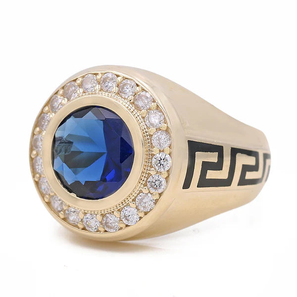 14K Yellow Gold Round Men's Ring with Black Enamel Greek and Blue Cz / Size: 10 / Weight: 9.2 GR / BOMR4FS-8