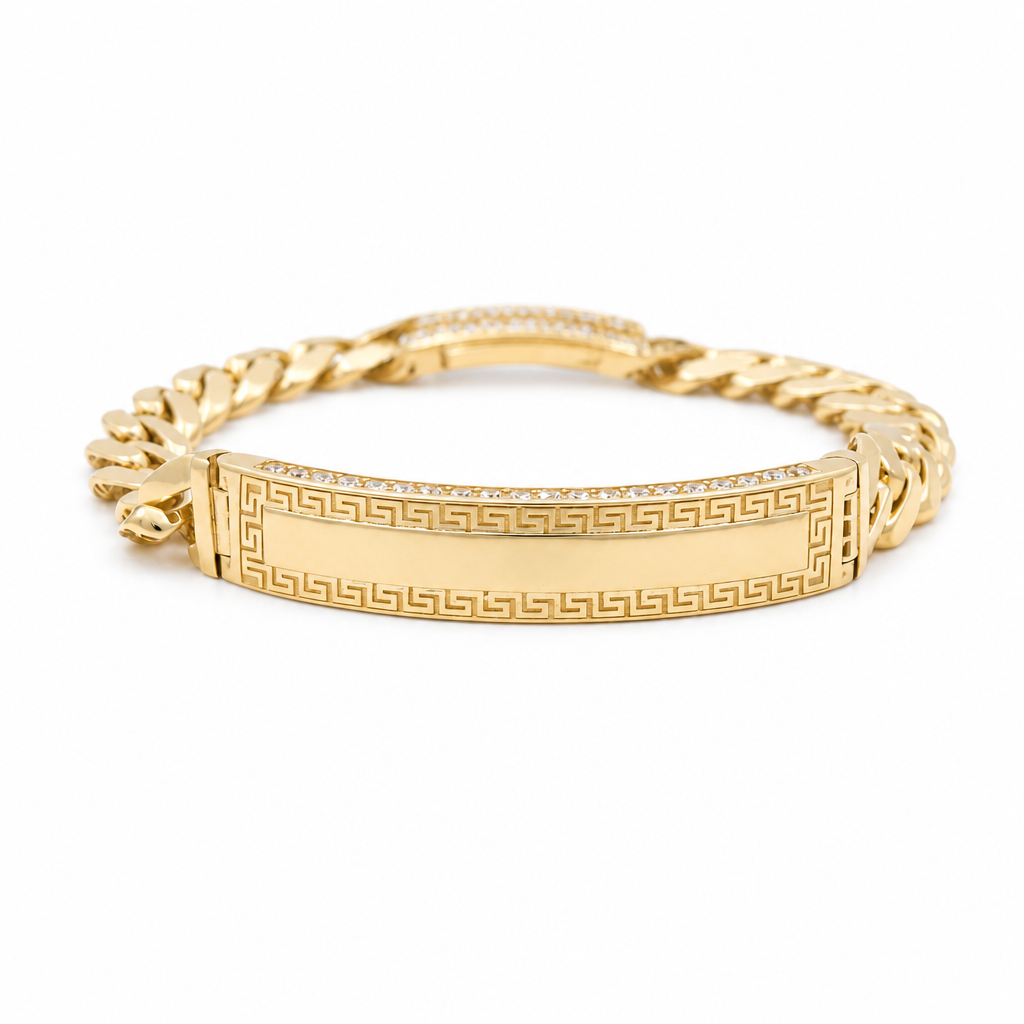 14K Yellow Gold Monaco ID Bracelet with Greek / CZ / Size: 9mm 8" / Weight: 16.1GR / CAWB4MONID9-8