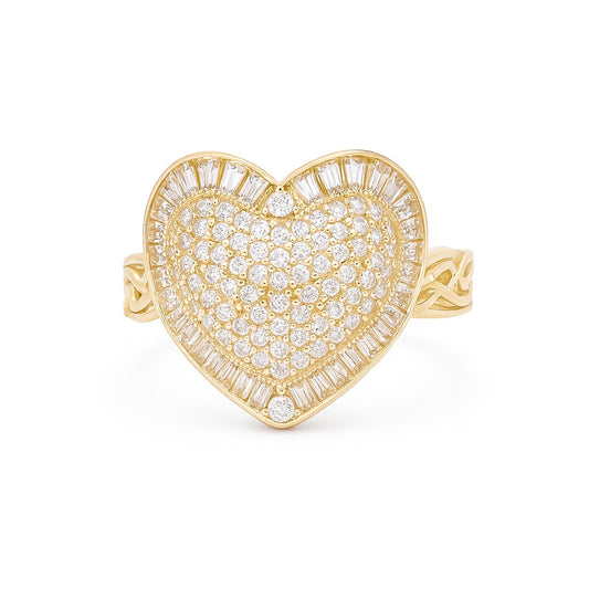 14K Yellow Gold Heart Women's Ring with Chinese Link and Cz / Size: 8.5 / Weight: 4.1 GR / DQWR4HR-12