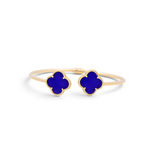14K Yellow Gold Semisolid Royal Blue Two Clover Bangle / Weight: 7.1 GR / COBB4CLV-1