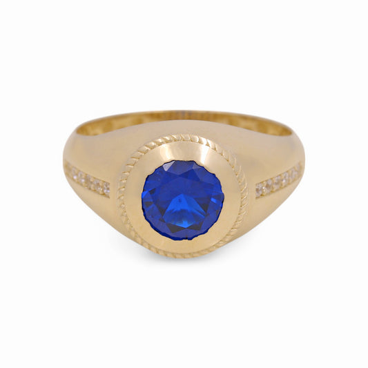 14K Yellow Gold Redondo Fashion Men's Ring with Blue Cz / Size:10 / Weight: 4.1 GR / COMR4FS-69