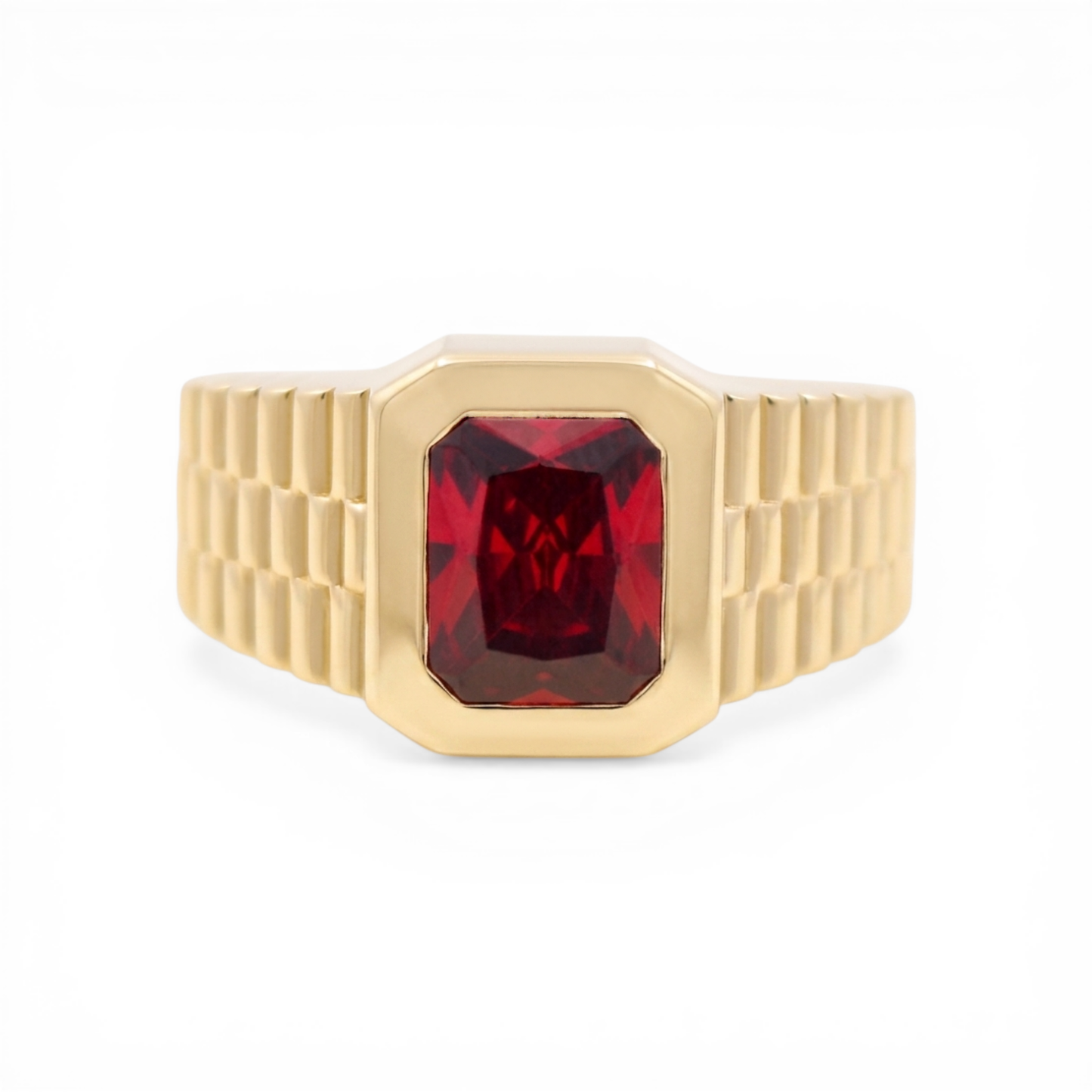 10K Yellow Gold Fashion Men's Ring with Red Cz / Size :11 / Weight: 9.6 GR / CLBMR0FS-10