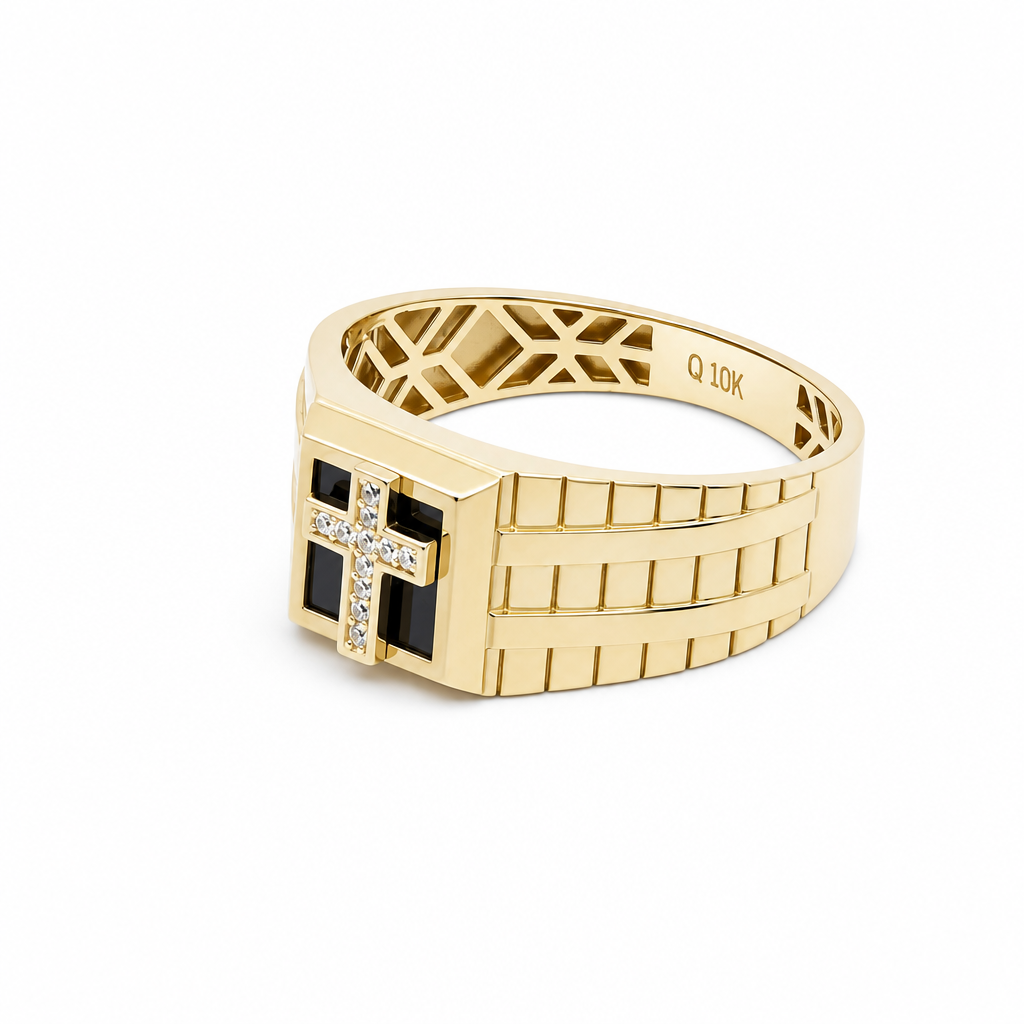 10K Yellow Gold Men's SQ Cross Ring with Onyx & Cz Stone/ Size: 11.5 / Weight: 4.5 GR /CQMR0CS-9