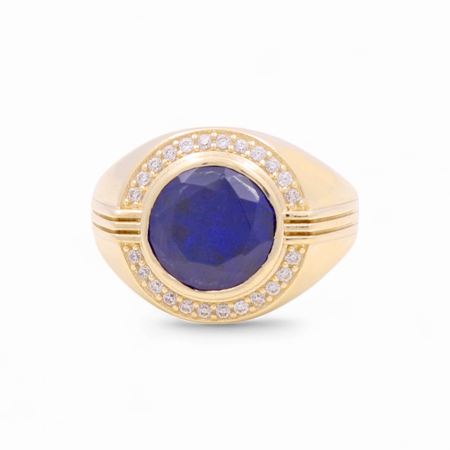 14K Yellow Gold Fashion Round Men's Ring with Blue and White Cz / Size 10 / Weight: 7.9 GR / BOMR4FS-40