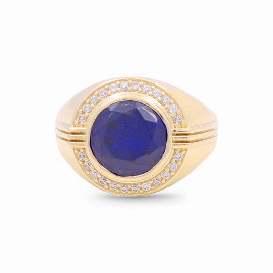 14K Yellow Gold Fashion Round Men's Ring with Blue and White Cz / Size 10 / Weight: 7.9 GR / BOMR4FS-40