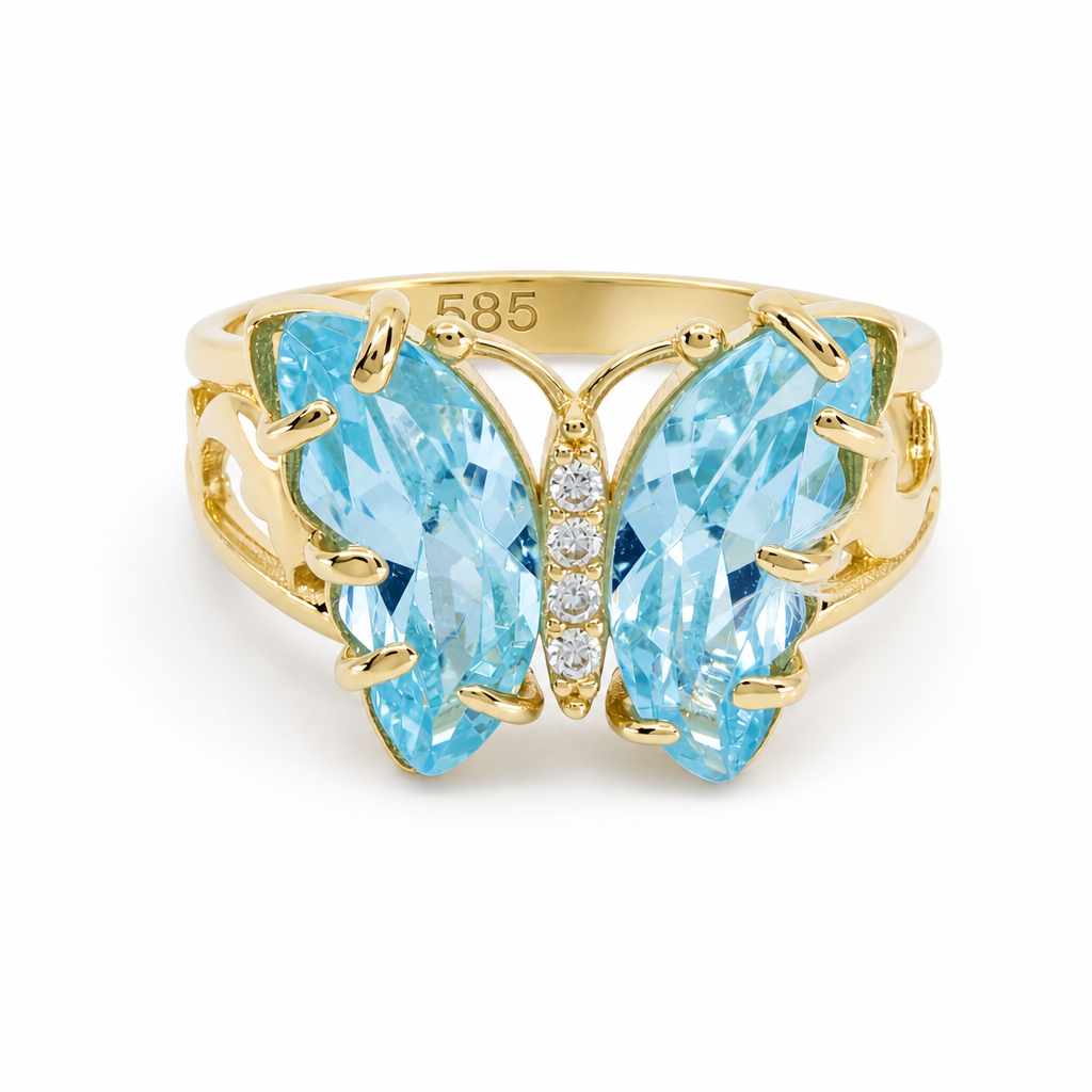 14K Yellow Gold Butterfly Women's Ring with Light Blue Cz / Size: 7 / Weight: 4 GR / BCFWR4BT-1