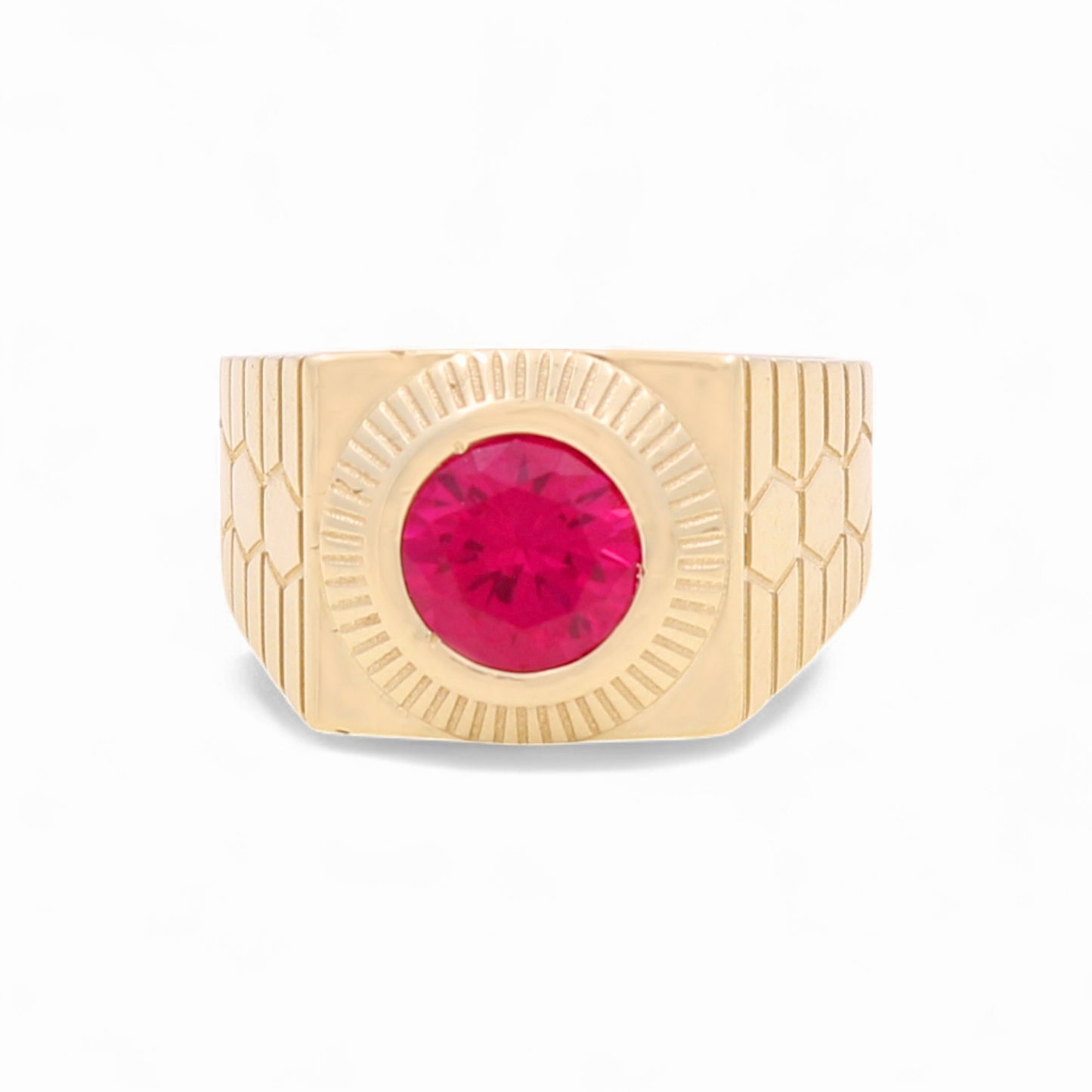 14K Yellow Gold Fashion Round Men's Ring with Red Cz / Size 11 / Weight: 6.2 GR / BOMR4FS-39