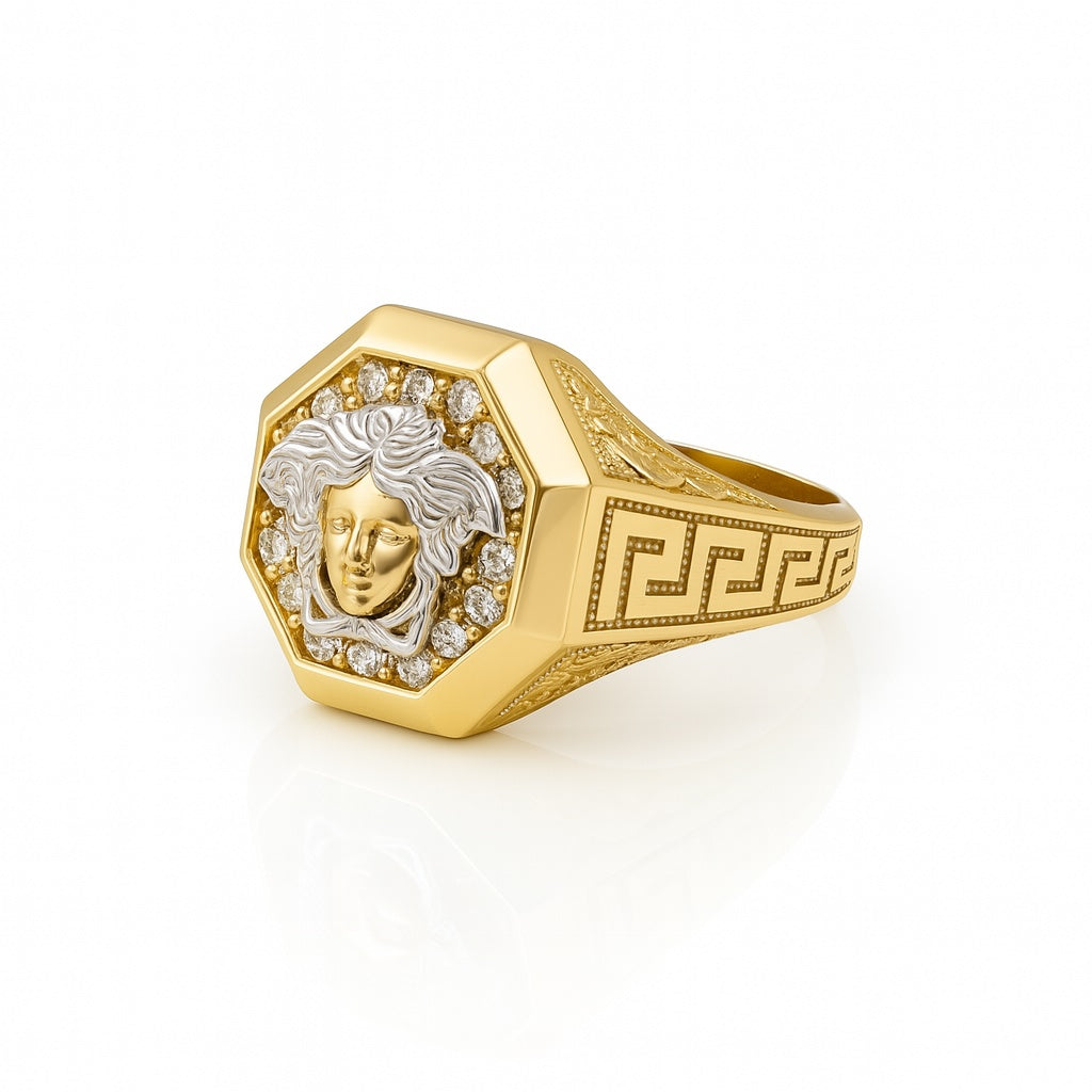 14K Yellow and White Fashion Medusa Men's Ring with White Cz / Size: 11.5 / Weight: 9.8 GR / DQMRTT4VS
