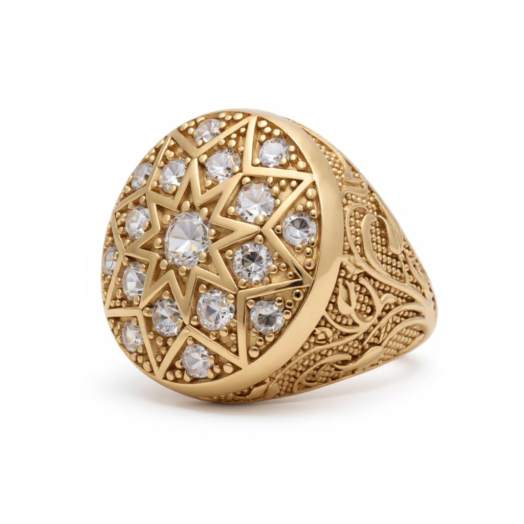 14K Yellow Gold Men’s Ring RD Rosetta Style with Star and White Stones / Size 10.5 / Weight: 16.5 GR / DOMR4FS-12