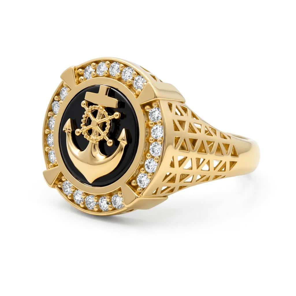 14K Yellow Gold Men's Ring with Onyx Cz Stone / Size:10.5 / Weight: 6.1 GR / CQMR4AN