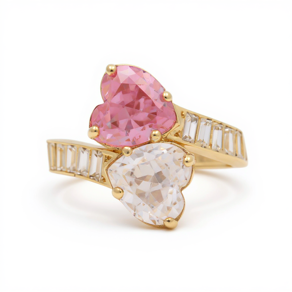 14K Yellow Gold Baguette Women's Ring with Two Hearts / Stone: Cz / Size: 8 / Weight 4.9 GR / BOWR4HR-13
