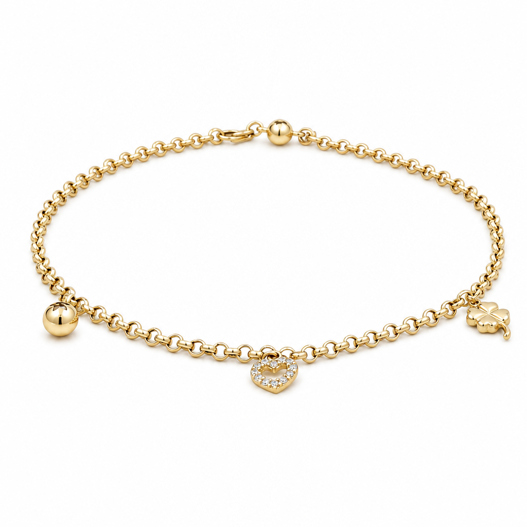 14k Yellow Gold Rolo Link Women's Anklet Bracelet with Charms and Cz / Size: 10.5" / Weight: 4.2 GR / CCFAB4FS-3